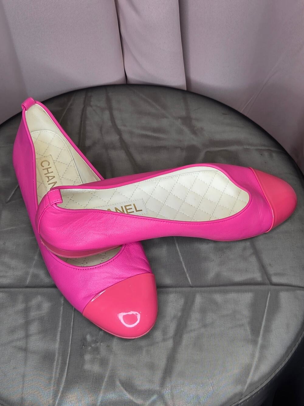 Authentic Chanel 2-Tone Lambskin and Patent Leather Ballerina Flats - Hot Pink